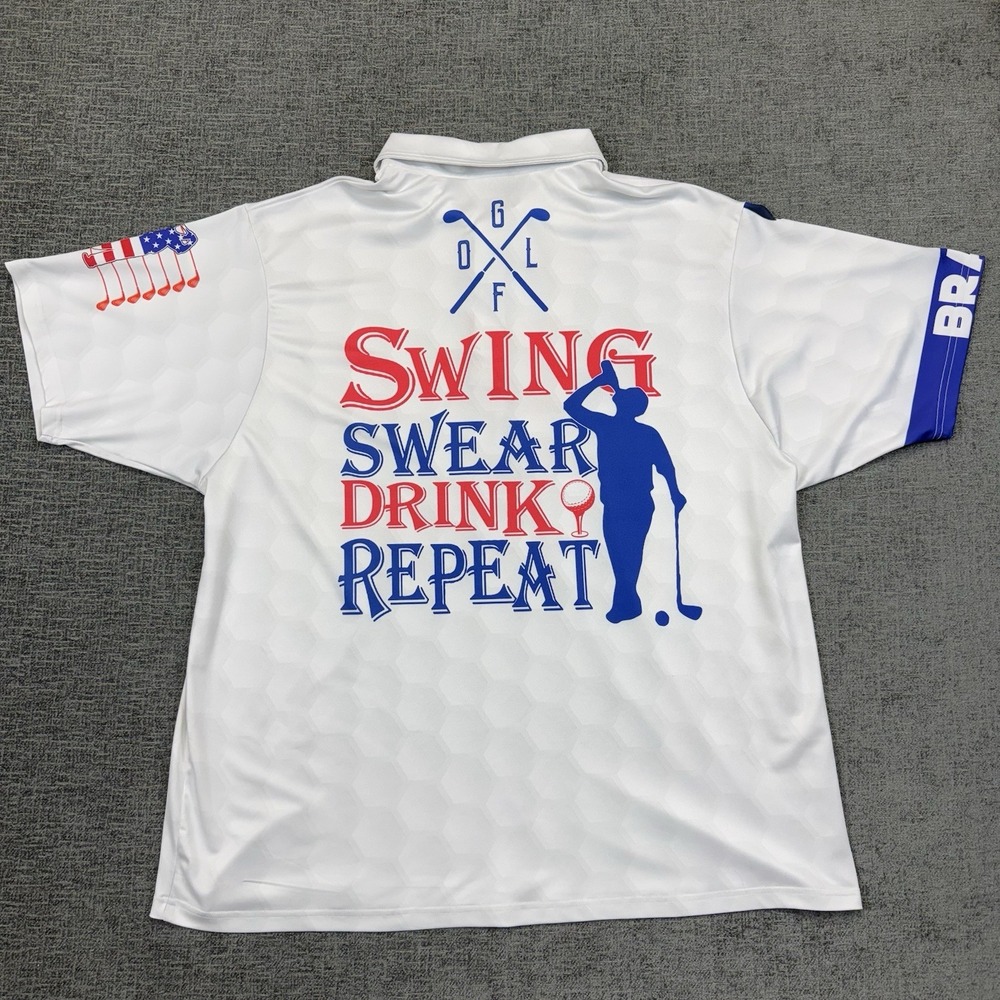 Swing Swear Drink Repeat Golf Polo Shirt Men's 2XL White USA Flag American‎